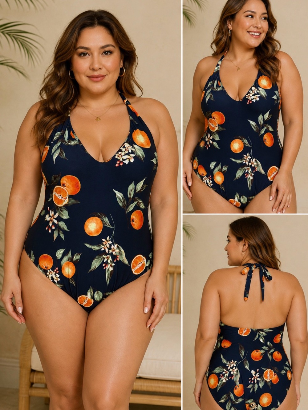 LOFT Navy Halter One-Piece Swimsuit with Orange Floral Print